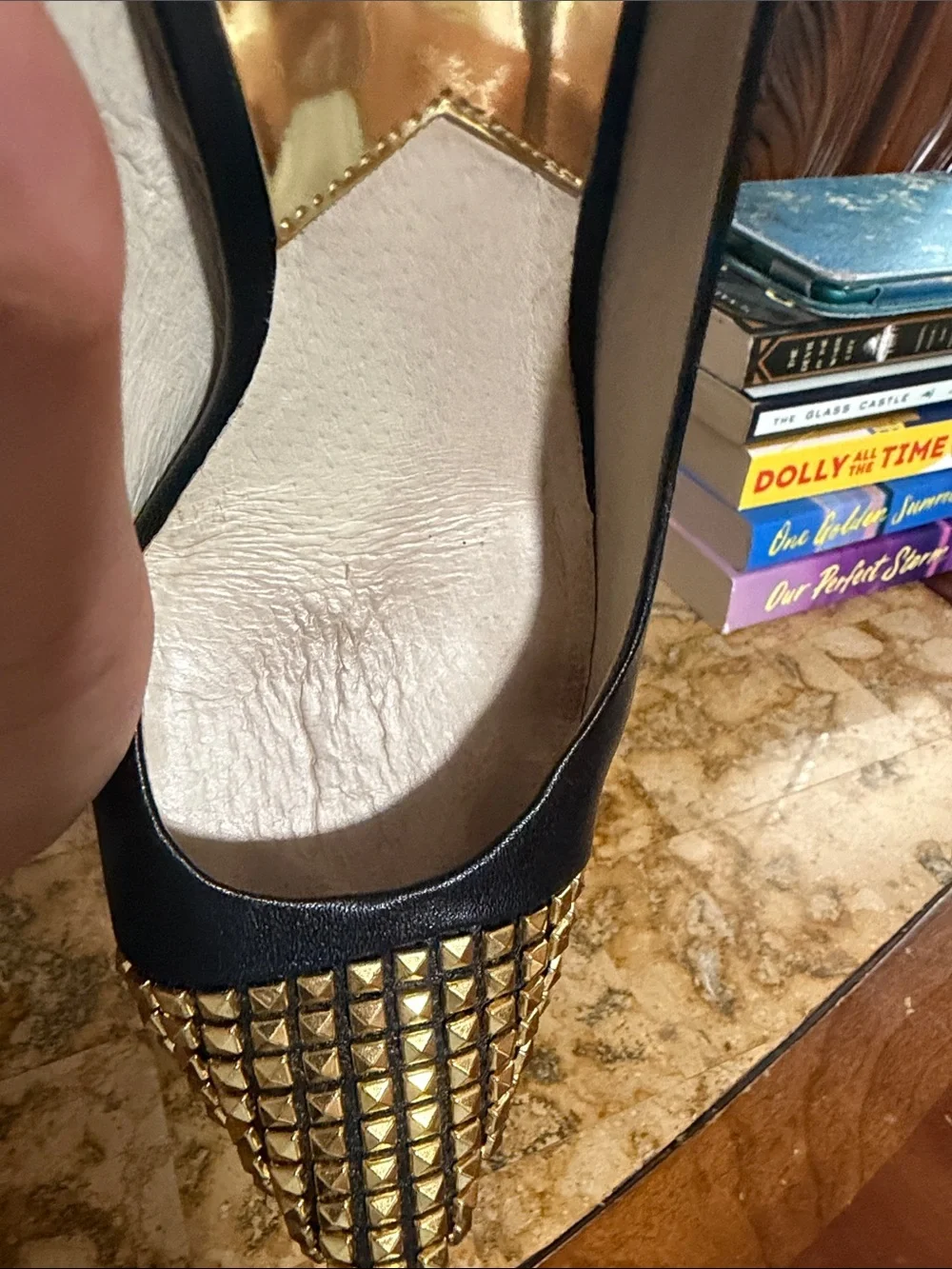 Michael Kors Black Leather Pointed-Toe Pumps with Gold Studs